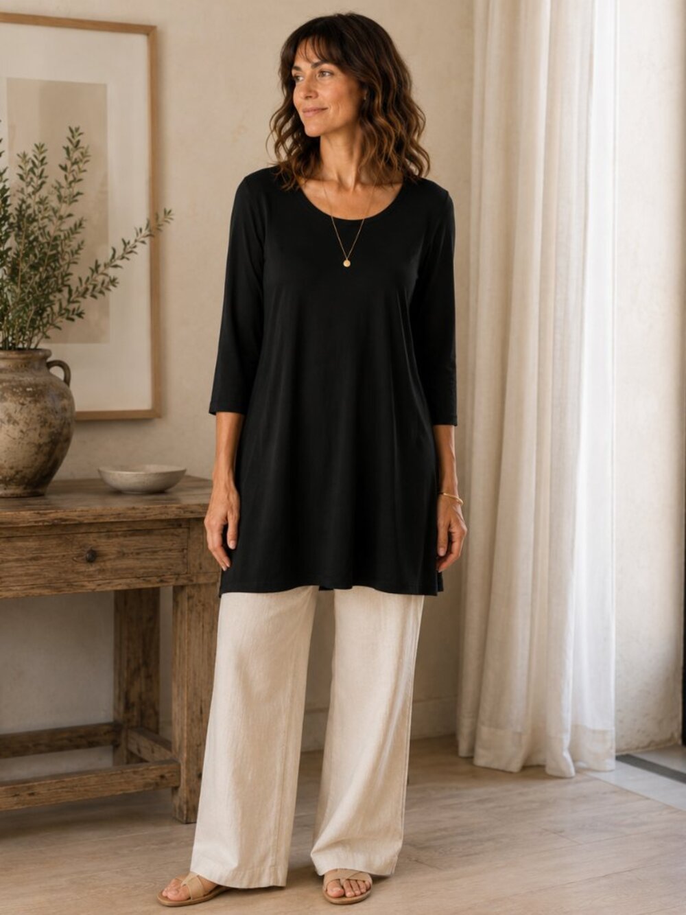 Eileen Fisher Black Tunic Top Size M Minimalist Quiet Luxury Minimalist Stretch